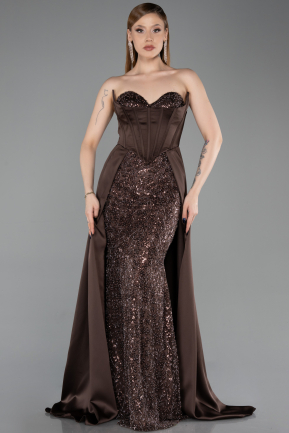 Long Brown Satin Evening Dress ABU6193