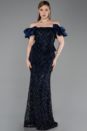 Navy Blue Long Scaly Mermaid Prom Dress ABU5780
