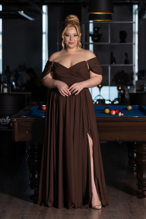Brown Boat Neck Long Chiffon Plus Size Prom Dress ABU3738