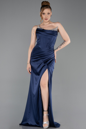 Long Navy Blue Satin Evening Dress ABU6200