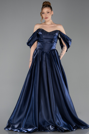 Long Navy Blue Satin Evening Dress ABU6201