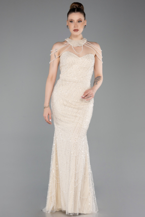 Beige Long Beaded Evening Dress ABU6073