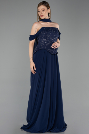 Long Navy Blue Chiffon Large Size Dress ABU6247