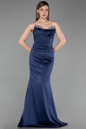 Long Navy Blue Satin Mermaid Prom Dress ABU6222
