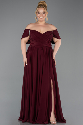 Burgundy Boat Neck Long Chiffon Plus Size Prom Dress ABU3738