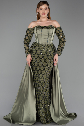 Long Olive Drab Satin Evening Dress ABU6230