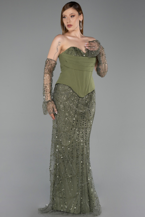 Long Olive Drab Beaded Evening Dress ABU6232
