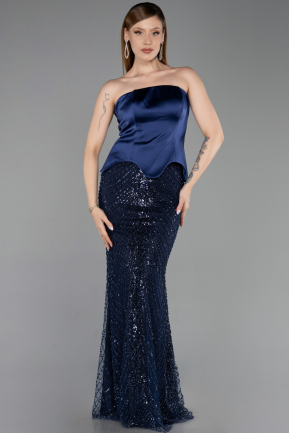 Long Navy Blue Beaded Evening Dress ABU6234