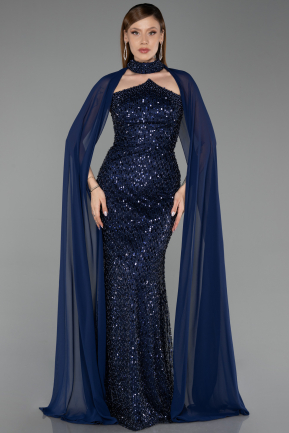 Long Navy Blue Beaded Evening Dress ABU6236