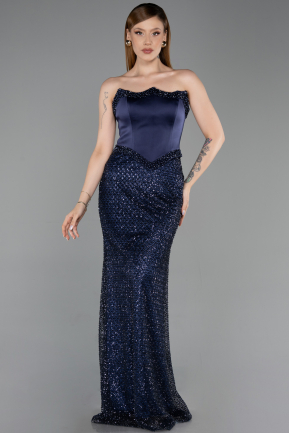 Long Navy Blue Beaded Evening Dress ABU6238