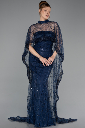 Long Navy Blue Beaded Evening Dress ABU6220