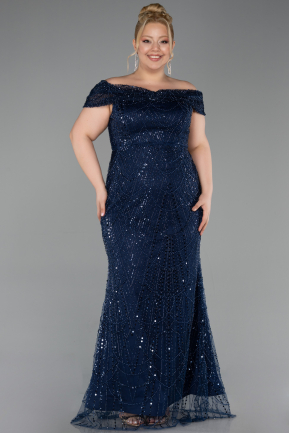 Long Navy Blue Beaded Formal Plus Size Dress ABU5936