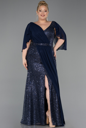 Long Navy Blue Beaded Plus Size Evening Dress ABU6261