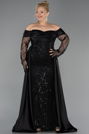 Long Black Beaded Plus Size Evening Gown ABU6093