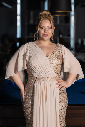 Long Gold Beaded Plus Size Evening Dress ABU6261