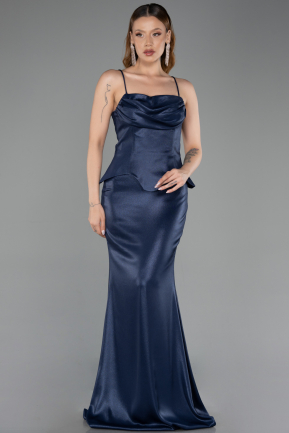 Long Navy Blue Satin Evening Dress ABU6275