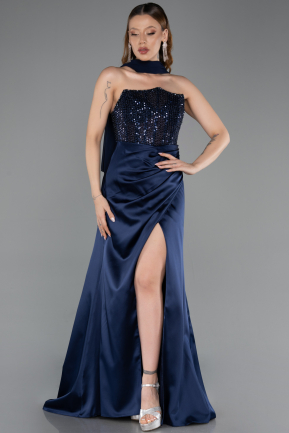 Long Navy Blue Satin Evening Dress ABU6276