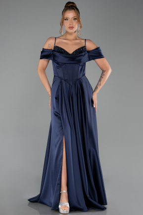 Long Navy Blue Satin Evening Dress ABU6297
