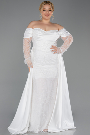 White Long Beaded Plus Size Evening Gown ABU6093