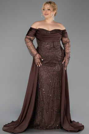 Dark Brown Long Beaded Plus Size Evening Gown ABU6093