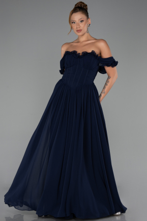 Long Navy Blue Chiffon Prom Gown ABU6325