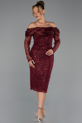 Midi Burgundy Beaded Party Dress ABK2663