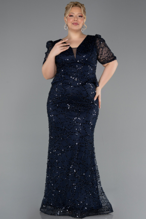Long Navy Blue Beaded Plus Size Evening Dress ABU6334