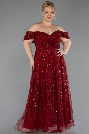 Long Burgundy Beaded Plus Size Evening Gown ABU6347