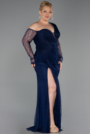 Long Navy Blue Dantelle Plus Size Evening Gown ABU6339