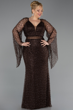 Long Brown Beaded Plus Size Evening Gown ABU6350