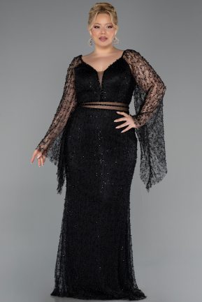 Long Black Beaded Plus Size Evening Gown ABU6350