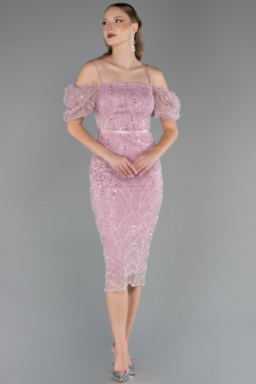 Midi Powder Color Beaded Cocktail Dress ABK2667