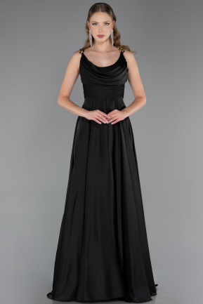 Long Black Satin Prom Gown ABU5146