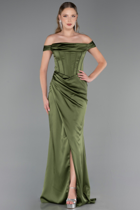 Long Olive Drab Satin Evening Dress ABU5976