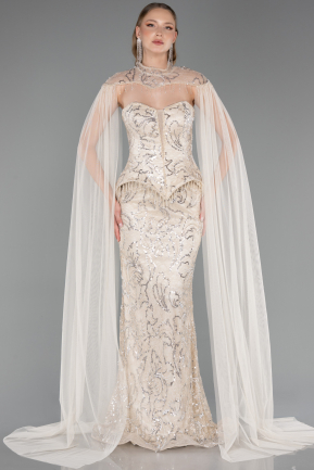 Long Beige Beaded Formal Plus Size Dress ABU6379