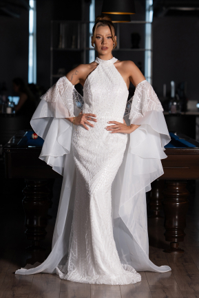 Long White Beaded Evening Dress ABU6348