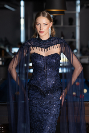 Long Navy Blue Beaded Evening Dress ABU6377
