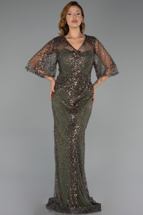Long Olive Drab Beaded Plus Size Evening Dress ABU6389