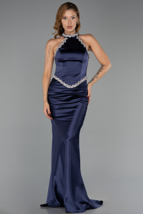 Long Navy Blue Satin Evening Dress ABU6396