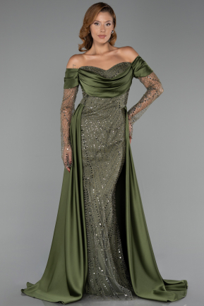Long Olive Drab Beaded Evening Dress ABU5934