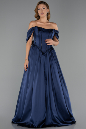 Long Navy Blue Satin Evening Dress ABU6399