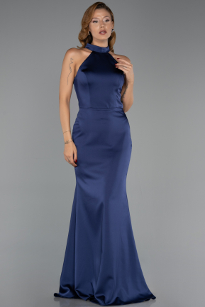 Long Navy Blue Satin Prom Gown ABU6406
