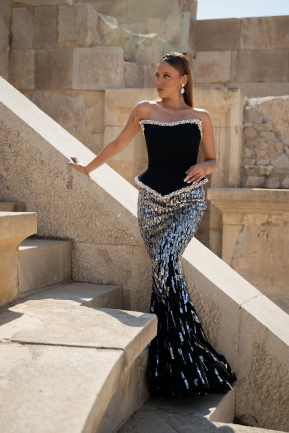 Long Black Scaly Haute Couture Dress ABU5953