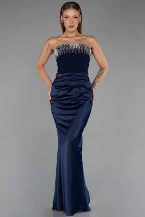 Long Navy Blue Satin Mermaid Prom Dress ABU5820