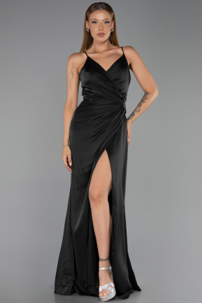 Long Black Satin Prom Gown ABU6427