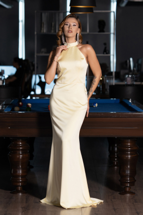 Long Yellow Satin Prom Gown ABU6406