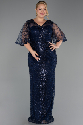 Long Navy Blue Beaded Plus Size Evening Dress ABU6389