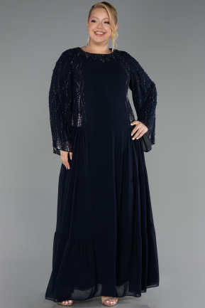 Long Navy Blue Chiffon Plus Size Evening Dress ABU6491