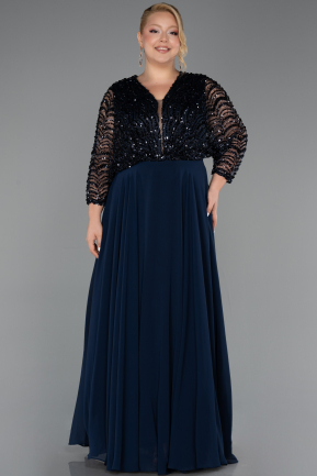 Long Navy Blue Chiffon Formal Plus Size Dress ABU6495