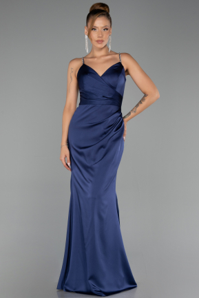 Long Navy Blue Satin Prom Gown ABU6499
